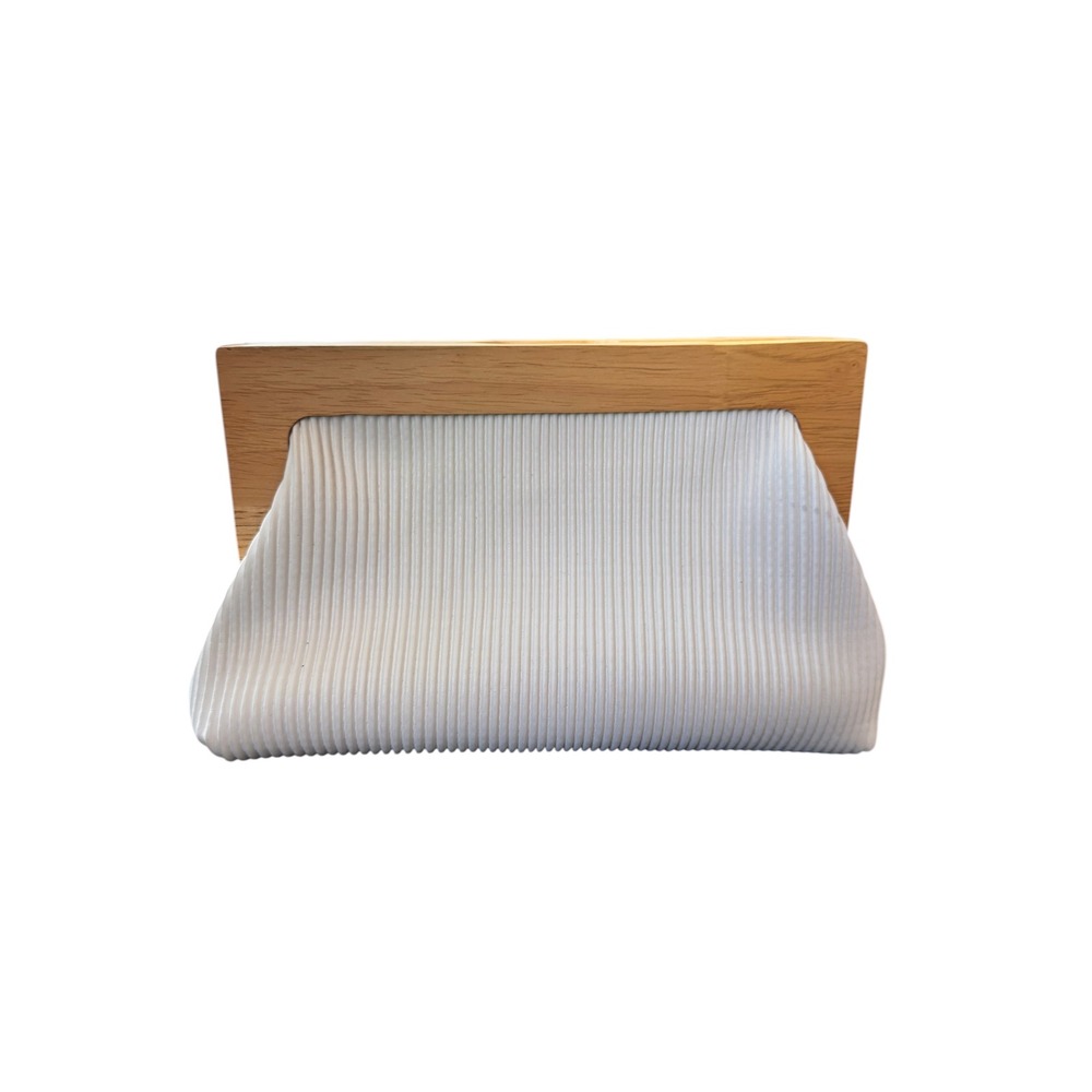 White Pleated Faux Leather Clutch Bag with Wood Frame Magnetic Closure